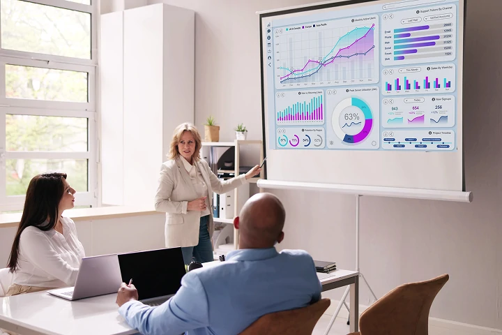 expert in trades showing financial report to owner and staff